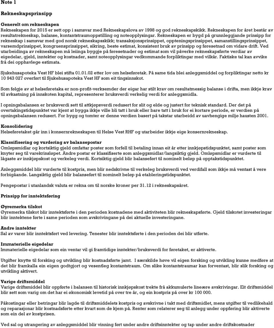 Rekneskapen er bygd på grunnleggjande prinsipp for rekneskap i samsvar med god norsk rekneskapsskikk; transaksjonsprinsippet, oppteningsprinsippet, samanstillingsprinsippet, varsemdprinsippet,