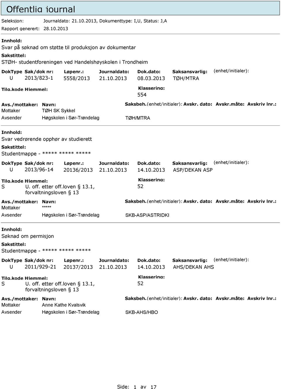 dato: Avskr.måte: Avskriv lnr.: Mottaker TØH K ykkel Høgskolen i ør-trøndelag TØH/MTRA var vedrørende opphør av studierett tudentmappe - ***** ***** ***** 2013/96-14 20136/2013 AP/DEKAN AP. off.