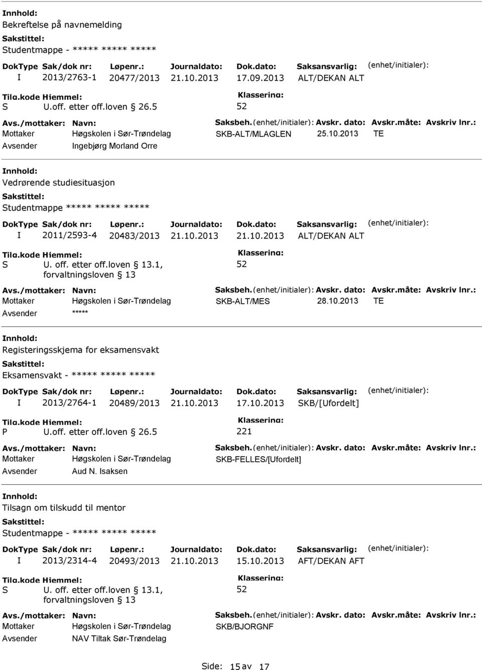 loven 13.1, Avs./mottaker: Navn: aksbeh. Avskr. dato: Avskr.måte: Avskriv lnr.: Mottaker Høgskolen i ør-trøndelag KB-ALT/ME 28.10.