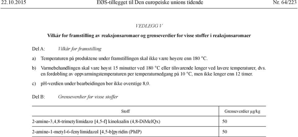 b) Varmebehandlingen skal vare høyst 15 minutter ved 180 C eller tilsvarende lenger ved lavere temperaturer, dvs.