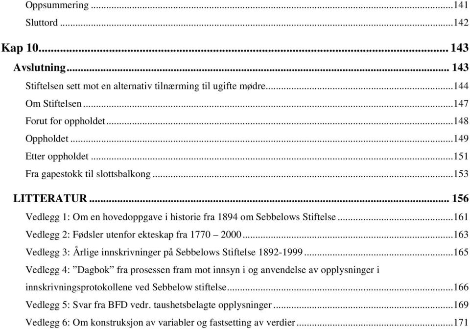 ..161 Vedlegg 2: Fødsler utenfor ekteskap fra 1770 2000...163 Vedlegg 3: Årlige innskrivninger på Sebbelows Stiftelse 1892-1999.