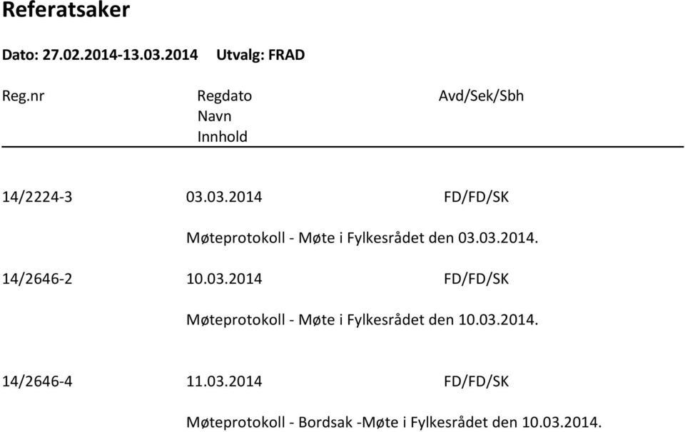 03.2014 FD/FD/SK Møteprotokoll - Møte i Fylkesrådet den 03.03.2014. 14/2646-2 10.03.2014 FD/FD/SK Møteprotokoll - Møte i Fylkesrådet den 10.