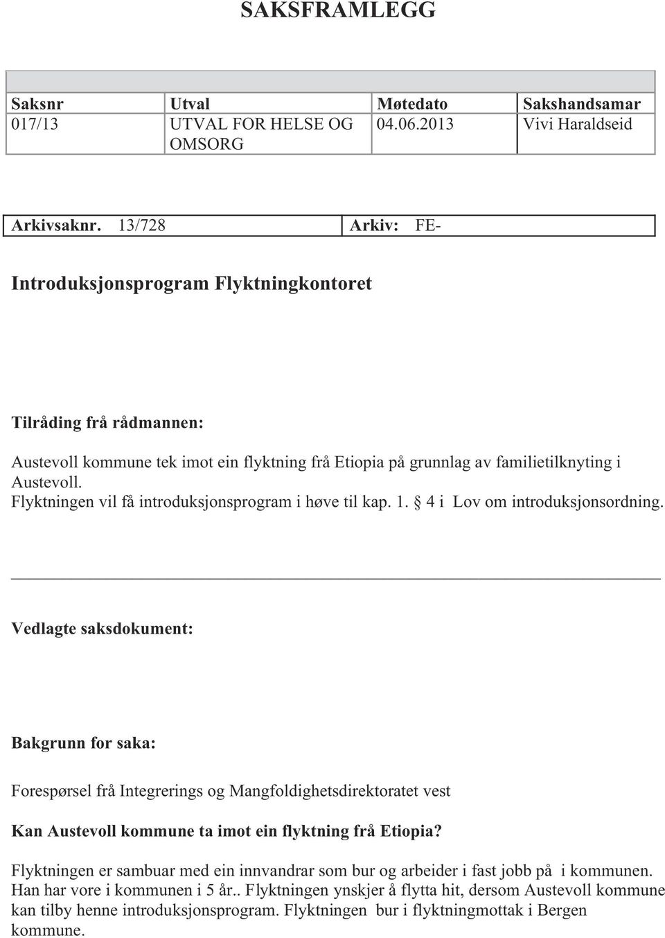 Flyktningen vil få introduksjonsprogram i høve til kap. 1. 4 i Lov om introduksjonsordning.