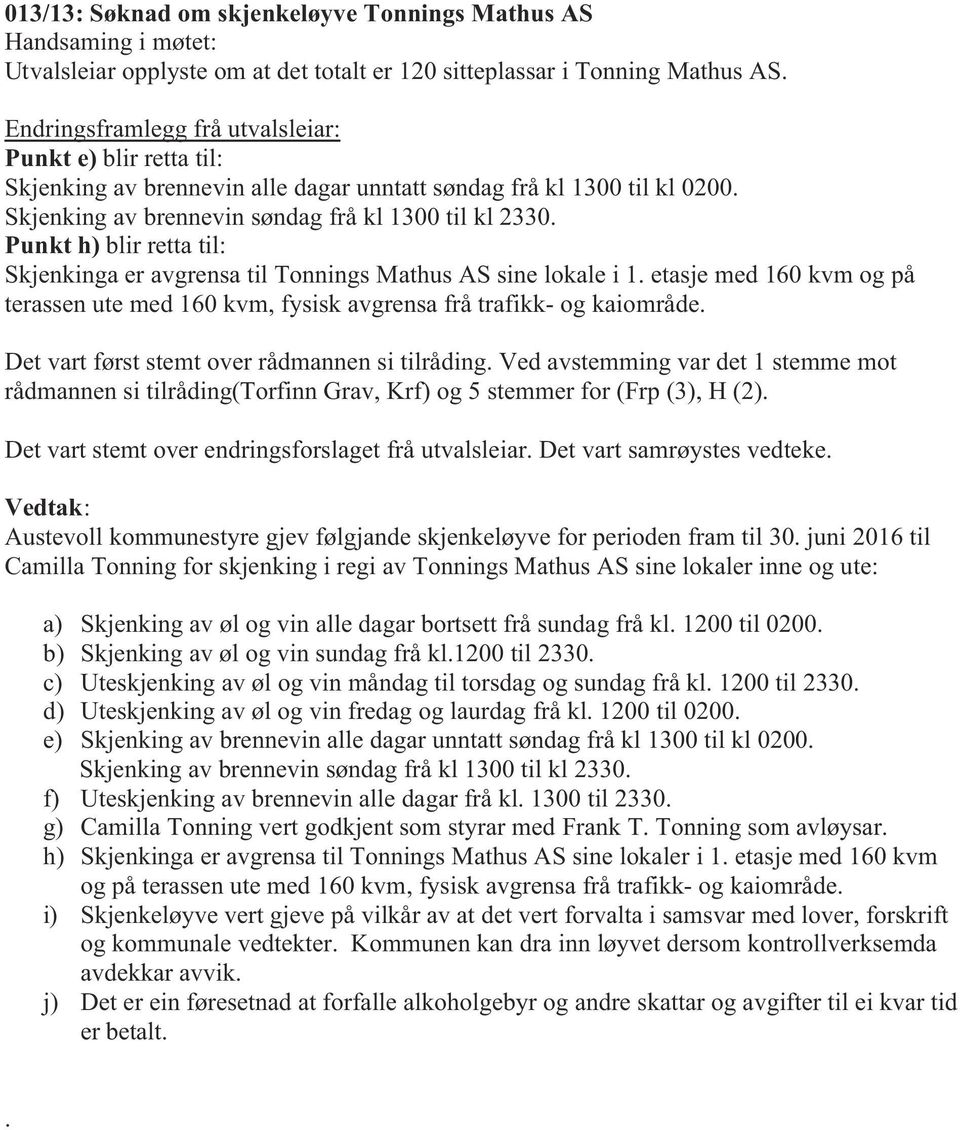 Punkt h) blir retta til: Skjenkinga er avgrensa til Tonnings Mathus AS sine lokale i 1. etasje med 160 kvm og på terassen ute med 160 kvm, fysisk avgrensa frå trafikk- og kaiområde.