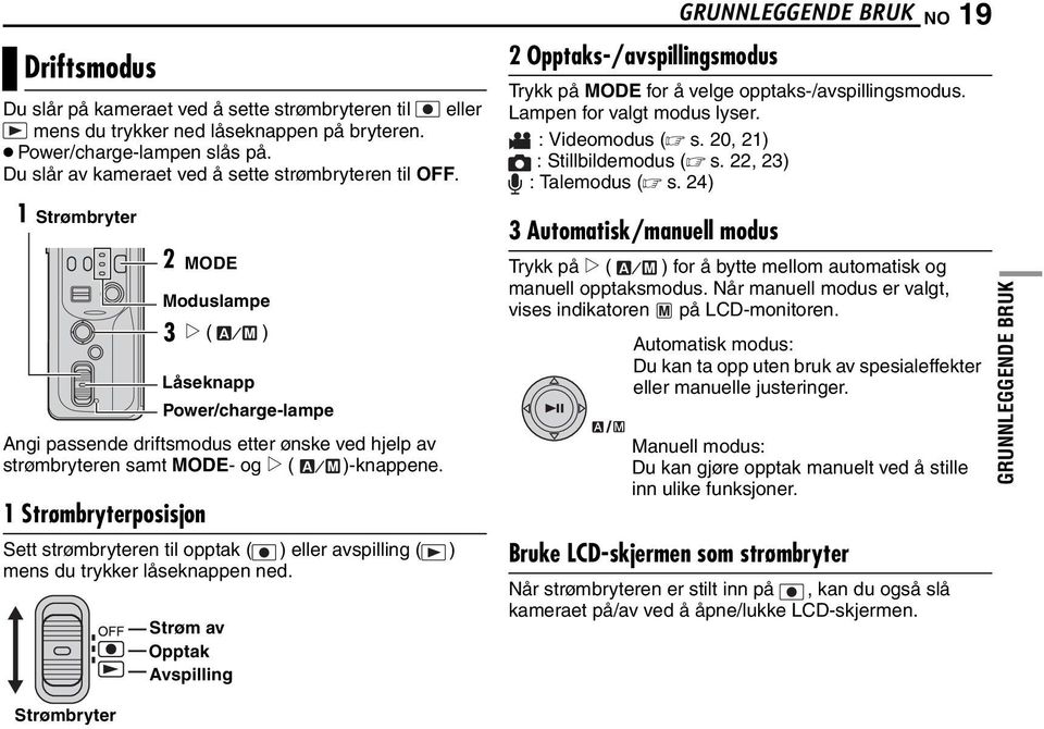 1 Strømbryterposisjon MODE Moduslampe 3 e ( ) Låseknapp Power/charge-lampe Sett strømbryteren til opptak ( ) eller avspilling ( ) mens du trykker låseknappen ned.