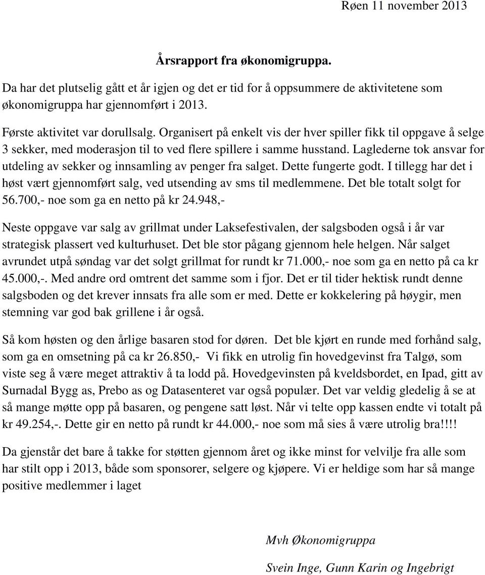 Laglederne tok ansvar for utdeling av sekker og innsamling av penger fra salget. Dette fungerte godt. I tillegg har det i høst vært gjennomført salg, ved utsending av sms til medlemmene.