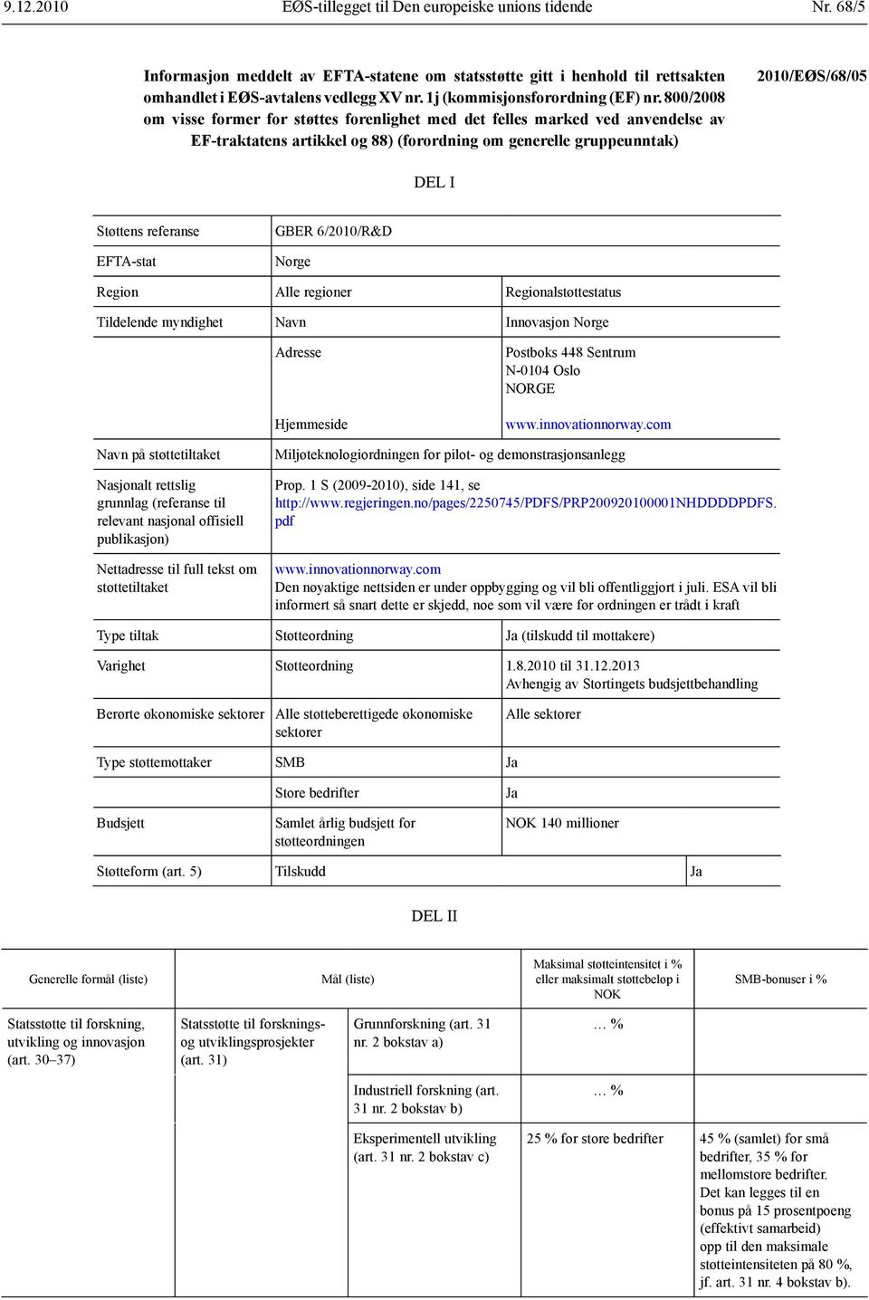 800/2008 om visse former for støttes forenlighet med det felles marked ved anvendelse av EF-traktatens artikkel og 88) (forordning om generelle gruppeunntak) 2010/EØS/68/05 DEL I Støttens referanse