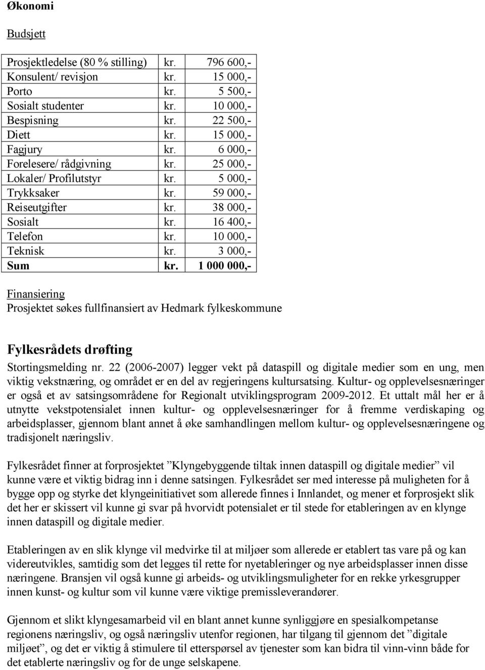 1 000 000,- Finansiering Prosjektet søkes fullfinansiert av Hedmark fylkeskommune Fylkesrådets drøfting Stortingsmelding nr.