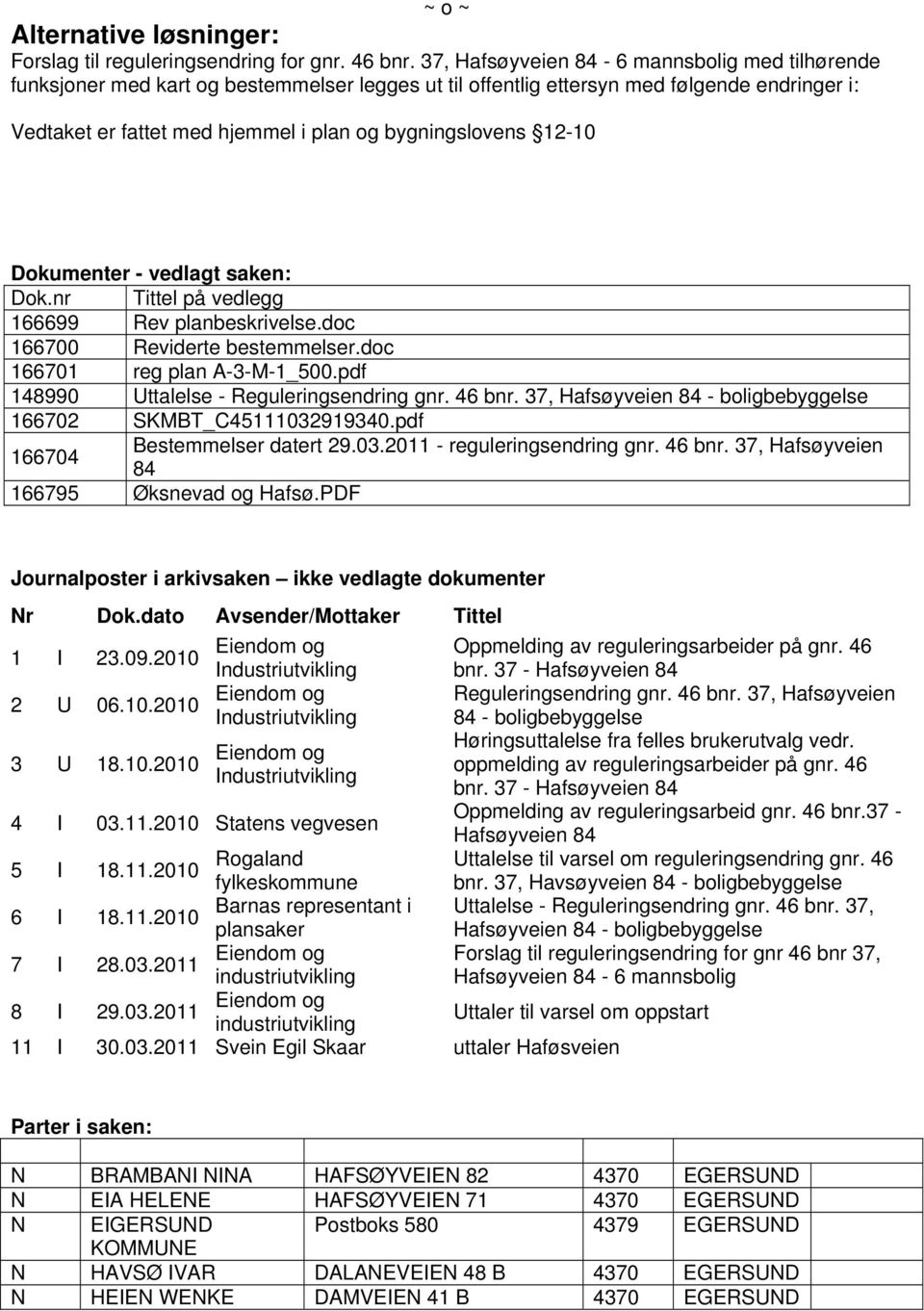 12-10 Dokumenter - vedlagt saken: Dok.nr Tittel på vedlegg 166699 Rev planbeskrivelse.doc 166700 Reviderte bestemmelser.doc 166701 reg plan A-3-M-1_500.pdf 148990 Uttalelse - Reguleringsendring gnr.