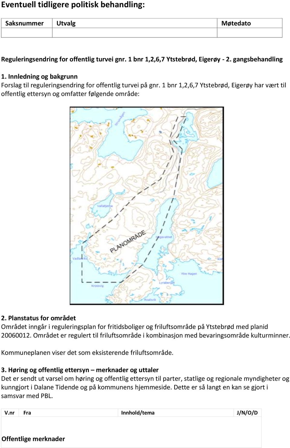 Planstatus for området Området inngår i reguleringsplan for fritidsboliger og friluftsområde på Ytstebrød med planid 20060012.