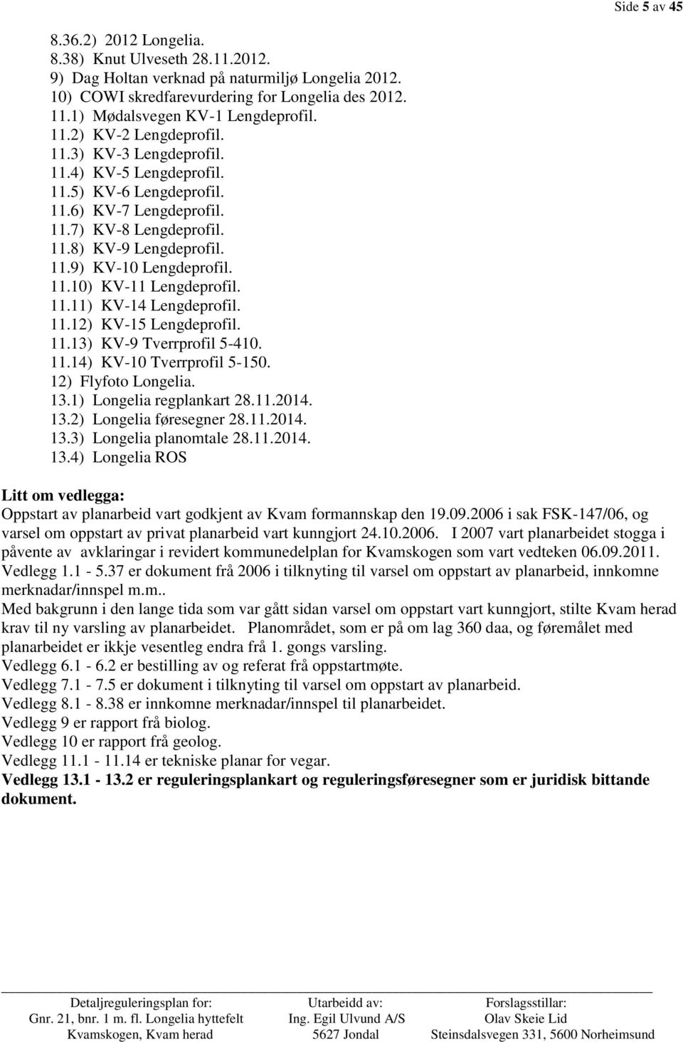 11.9) KV-10 Lengdeprofil. 11.10) KV-11 Lengdeprofil. 11.11) KV-14 Lengdeprofil. 11.12) KV-15 Lengdeprofil. 11.13) KV-9 Tverrprofil 5-410. 11.14) KV-10 Tverrprofil 5-150. 12) Flyfoto Longelia. 13.