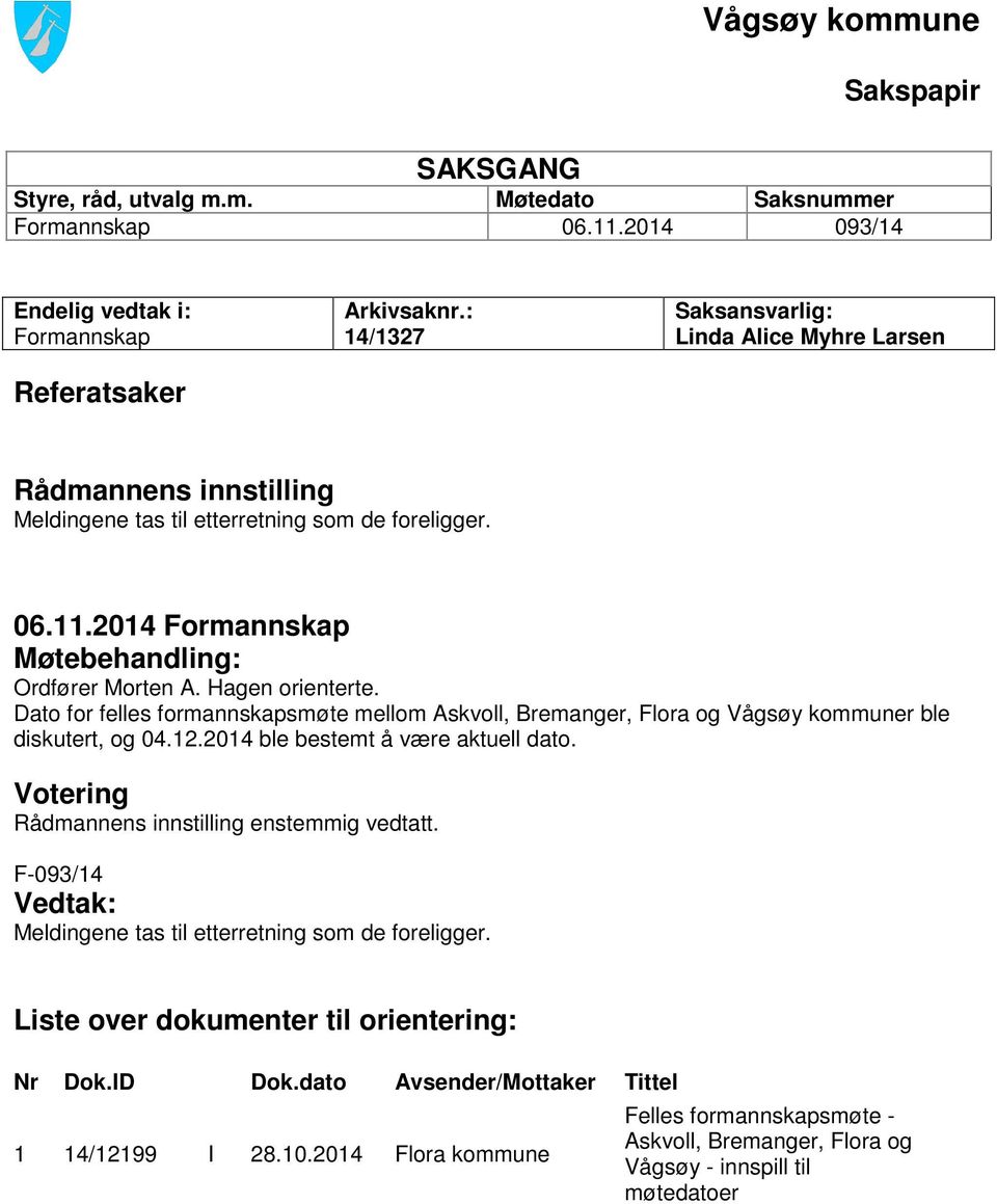 Dato for felles formannskapsmøte mellom Askvoll, Bremanger, Flora og Vågsøy kommuner ble diskutert, og 04.12.2014 ble bestemt å være aktuell dato. Votering Rådmannens innstilling enstemmig vedtatt.