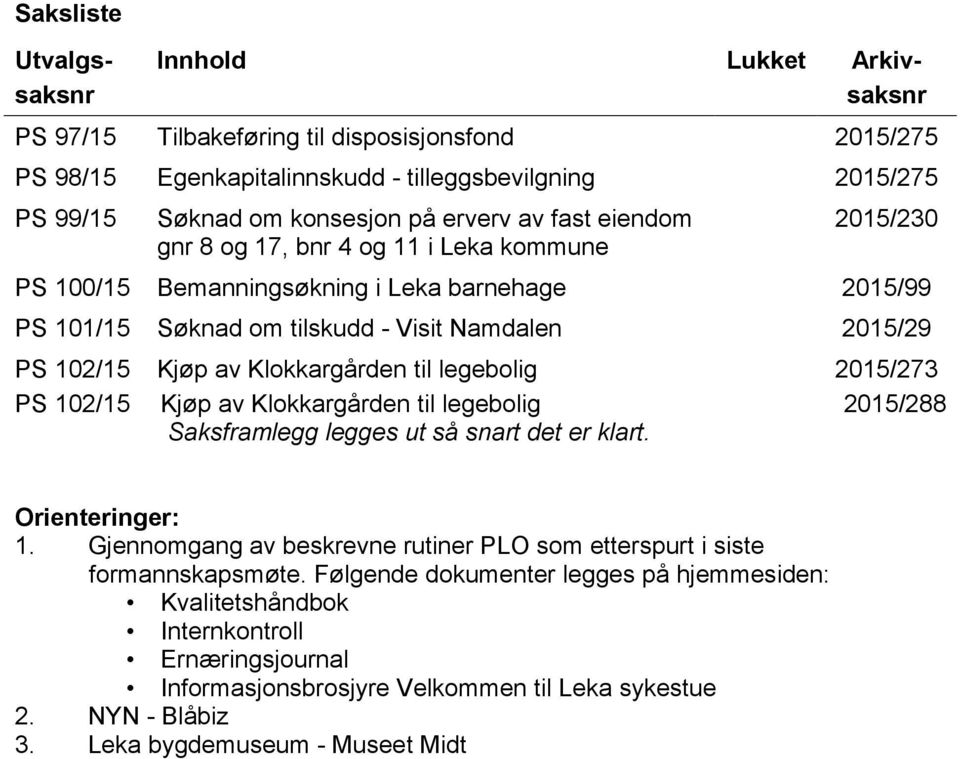 Klokkargården til legebolig 2015/273 PS 102/15 Kjøp av Klokkargården til legebolig 2015/288 Saksframlegg legges ut så snart det er klart. Orienteringer: 1.