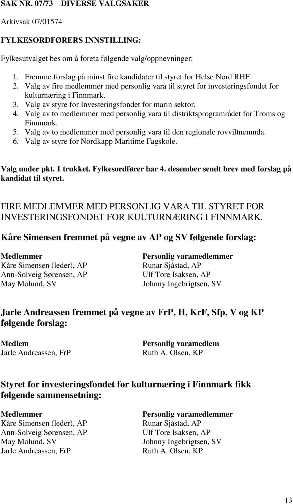 Valg av to medlemmer med personlig vara til distriktsprogramrådet for Troms og Finnmark. 5. Valg av to medlemmer med personlig vara til den regionale rovviltnemnda. 6.