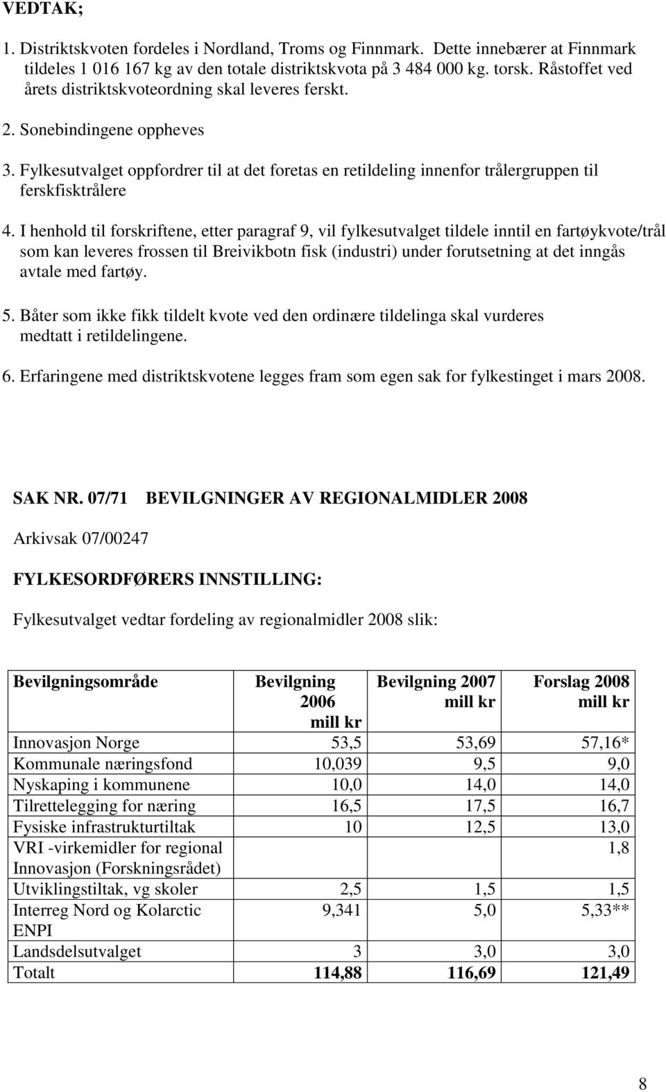 I henhold til forskriftene, etter paragraf 9, vil fylkesutvalget tildele inntil en fartøykvote/trål som kan leveres frossen til Breivikbotn fisk (industri) under forutsetning at det inngås avtale med