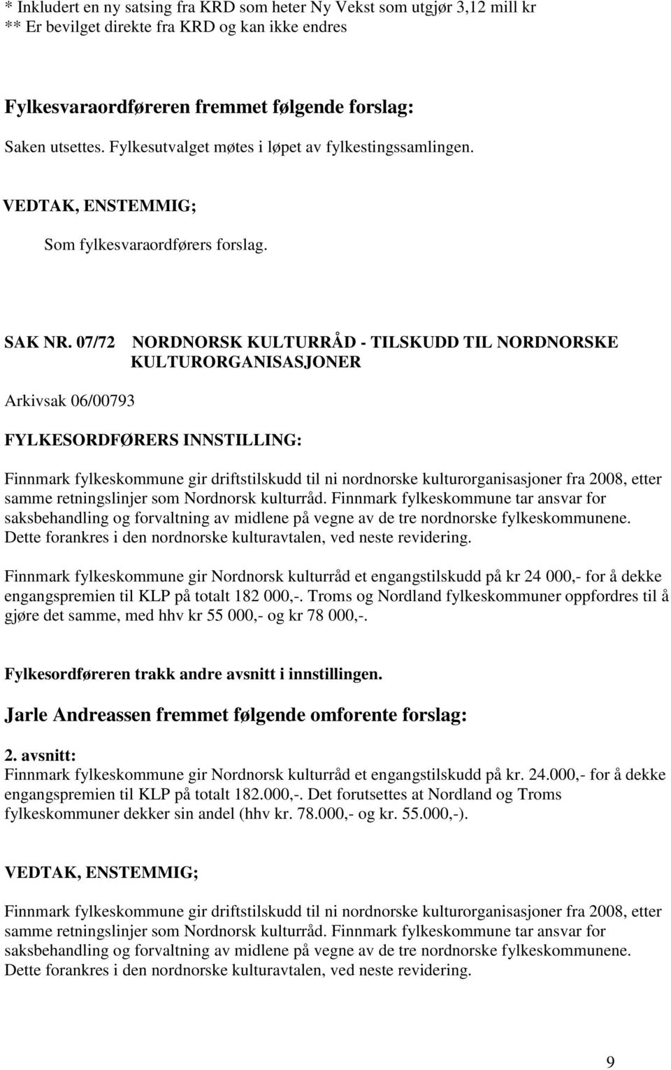 07/72 NORDNORSK KULTURRÅD - TILSKUDD TIL NORDNORSKE KULTURORGANISASJONER Arkivsak 06/00793 Finnmark fylkeskommune gir driftstilskudd til ni nordnorske kulturorganisasjoner fra 2008, etter samme