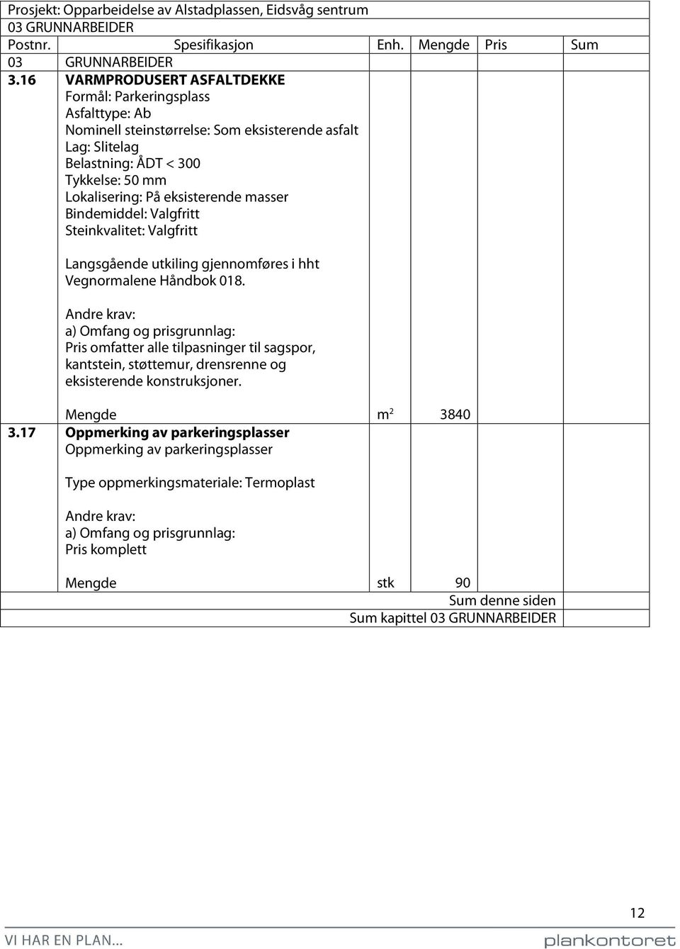 Vegnormalene Håndbok 018. Pris omfatter alle tilpasninger til sagspor, kantstein, støttemur, drensrenne og eksisterende konstruksjoner.