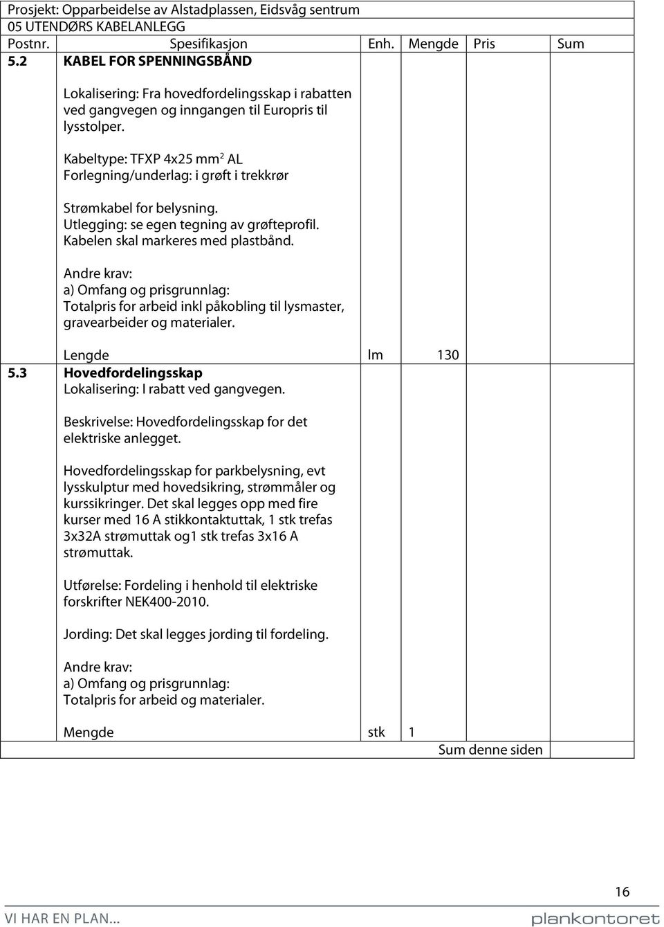 Totalpris for arbeid inkl påkobling til lysmaster, gravearbeider og materialer. Lengde lm 130 5.3 Hovedfordelingsskap Lokalisering: I rabatt ved gangvegen.