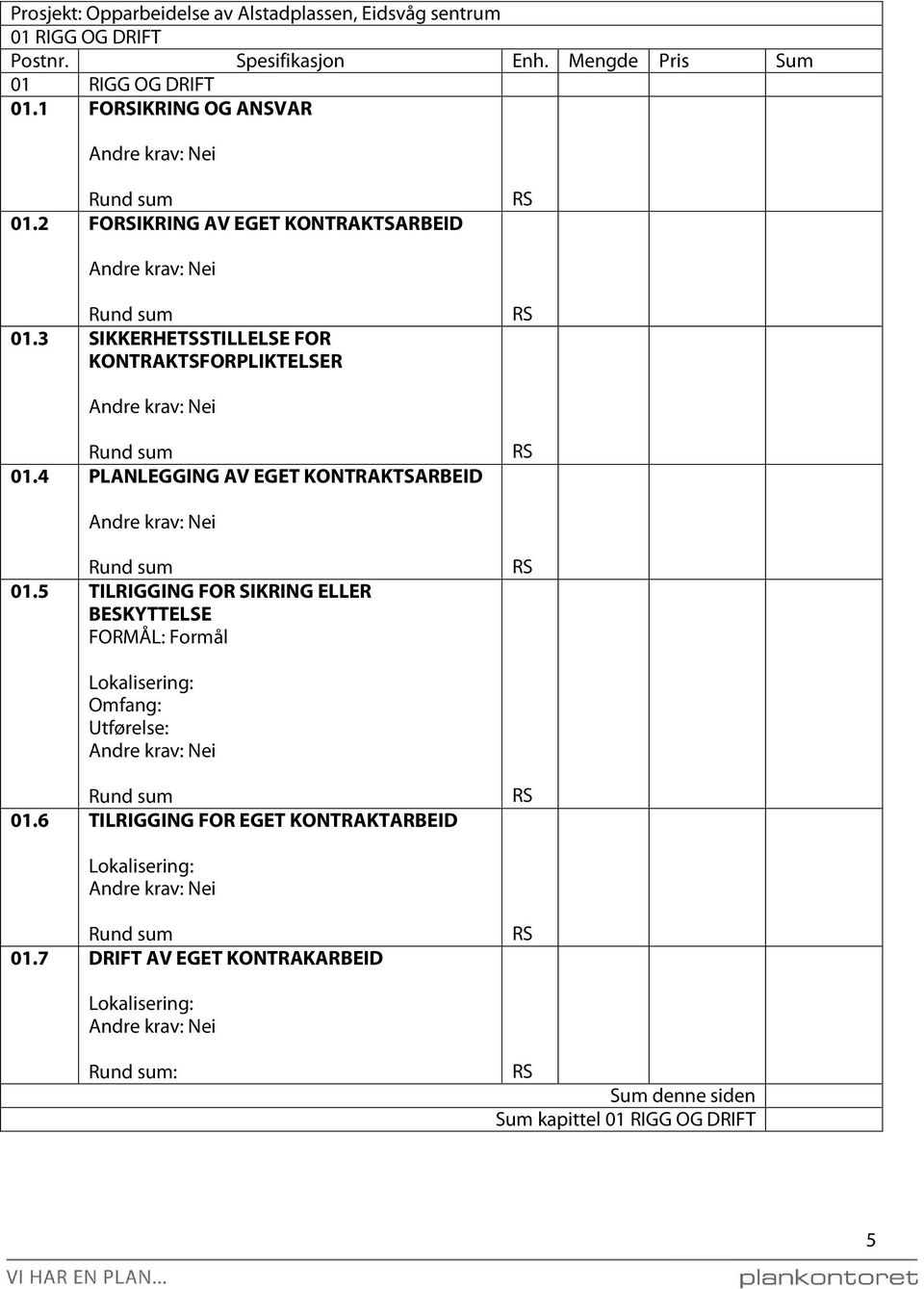 5 TILRIGGING FOR SIKRING ELLER BESKYTTELSE FORMÅL: Formål RS Lokalisering: Omfang: Utførelse: Nei Rund sum 01.