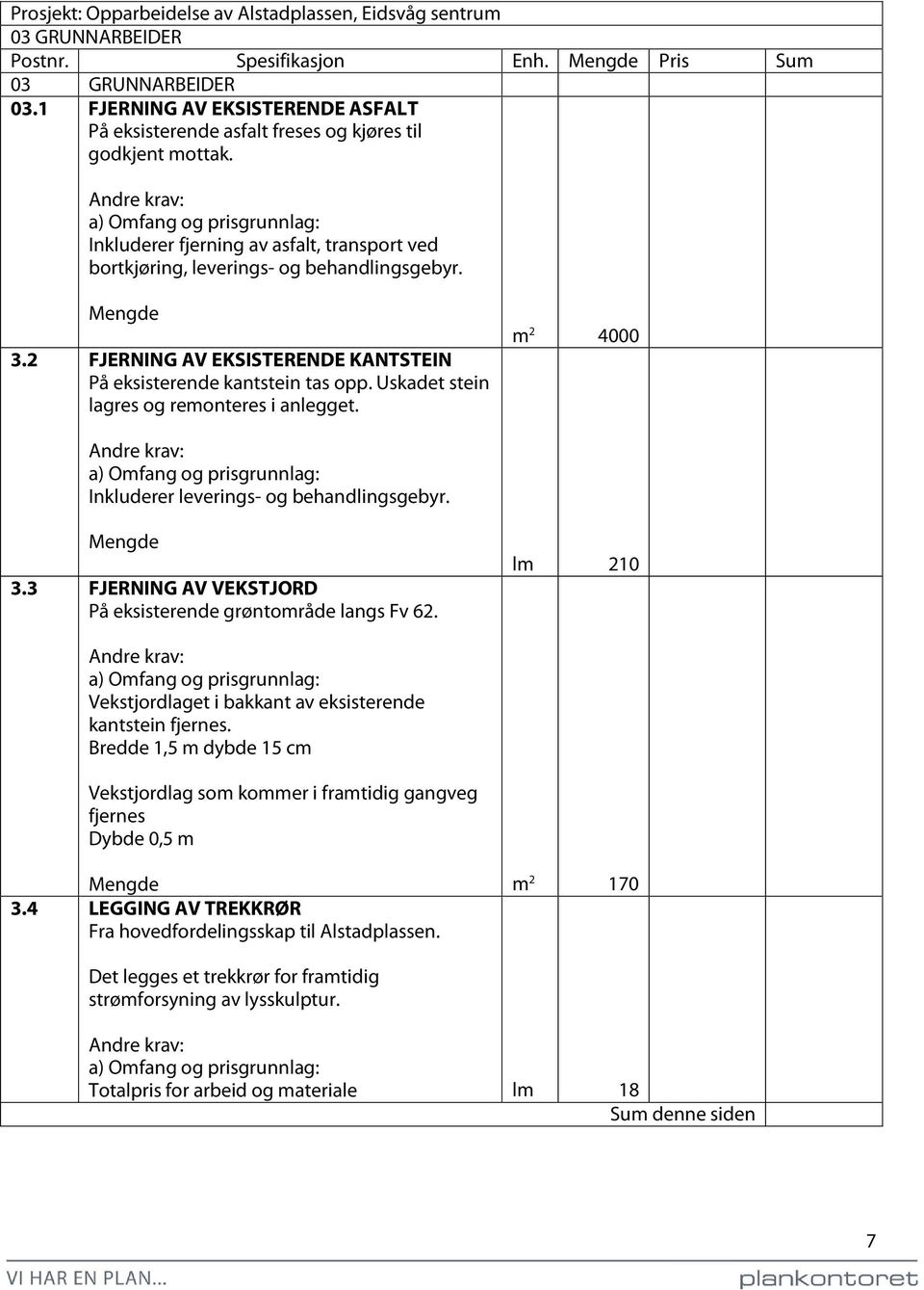 3 FJERNING AV VEKSTJORD På eksisterende grøntområde langs Fv 62. lm 210 Vekstjordlaget i bakkant av eksisterende kantstein fjernes.