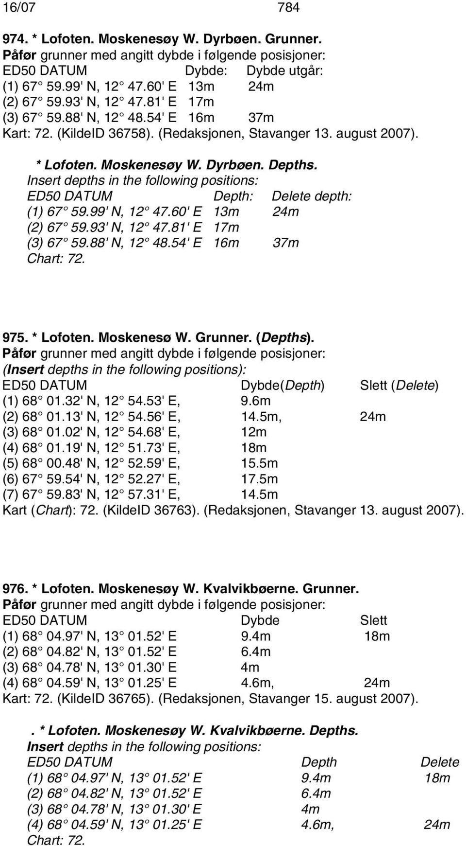 Insert depths in the following positions: Depth: Delete depth: (1) 67 59.99' N, 12 47.60' E 13m 24m (2) 67 59.93' N, 12 47.81' E 17m (3) 67 59.88' N, 12 48.54' E 16m 37m Chart: 72. 975. * Lofoten.