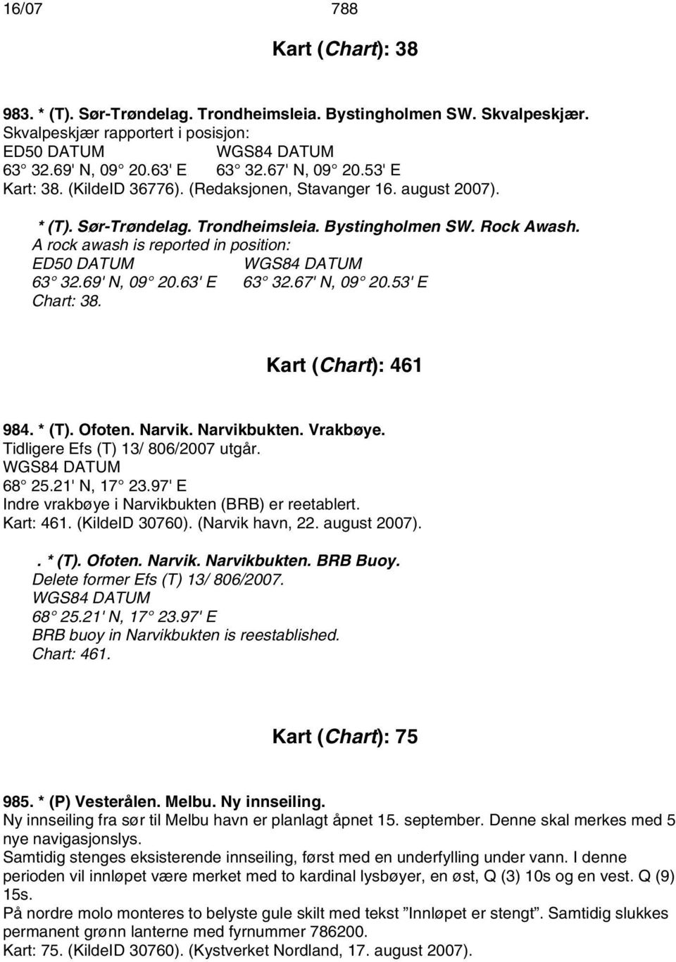 67' N, 09 20.53' E Chart: 38. Kart (Chart): 461 984. * (T). Ofoten. Narvik. Narvikbukten. Vrakbøye. Tidligere Efs (T) 13/ 806/2007 utgår. 68 25.21' N, 17 23.