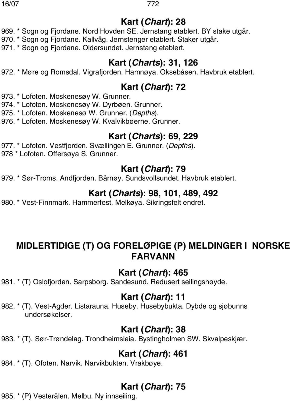 Grunner. 975. * Lofoten. Moskenesø W. Grunner. (Depths). 976. * Lofoten. Moskenesøy W. Kvalvikbøerne. Grunner. Kart (Charts): 69, 229 977. * Lofoten. Vestfjorden. Svællingen E. Grunner. (Depths). 978 * Lofoten.