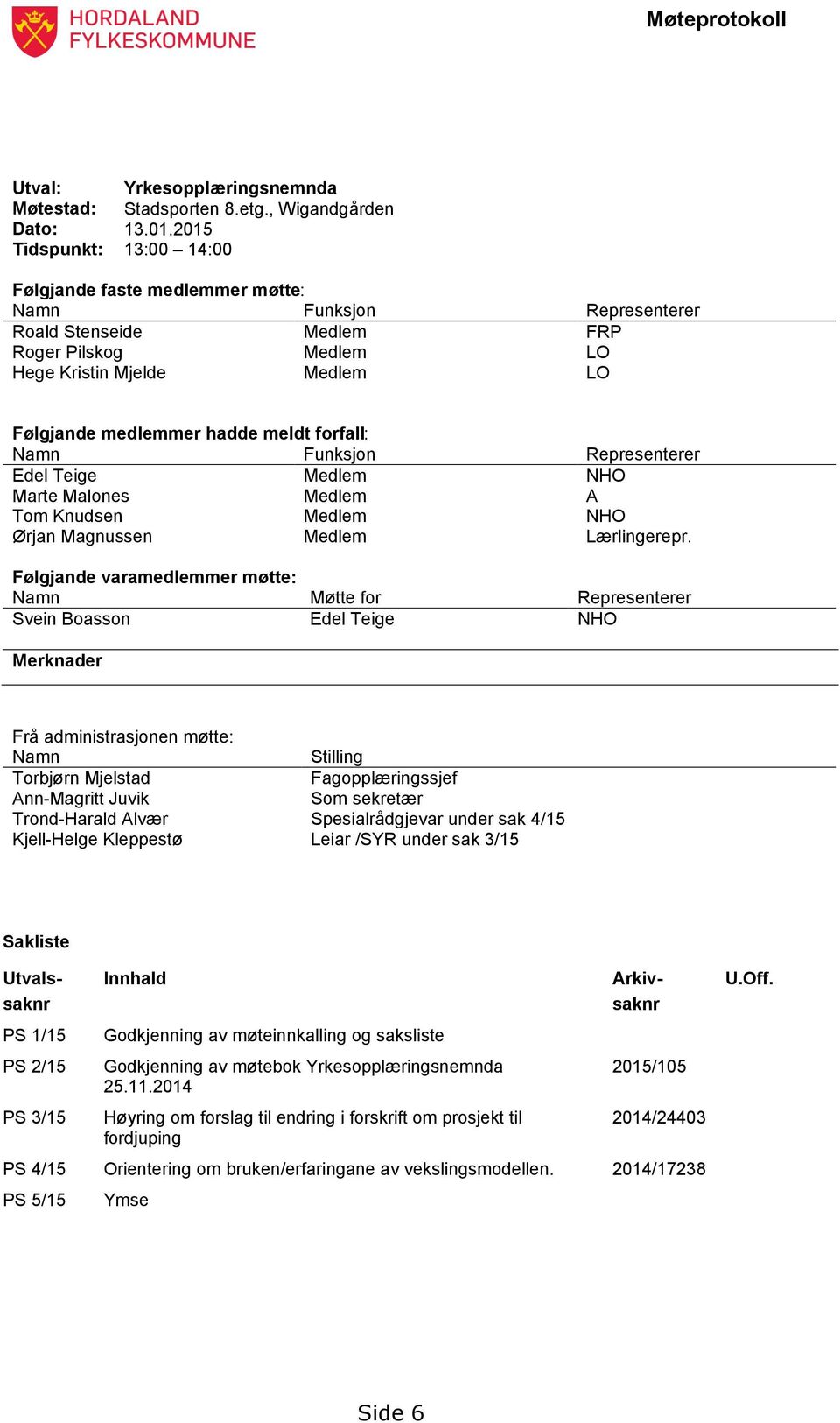 meldt forfall: Namn Funksjon Representerer Edel Teige Medlem NHO Marte Malones Tom Knudsen Ørjan Magnussen Medlem Medlem Medlem A NHO Lærlingerepr.