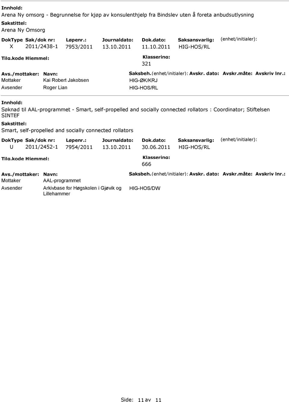 2011 HIG-HO/RL 321 Mottaker Kai Robert Jakobsen HIG-ØK/KRJ Roger Lian HIG-HO/RL øknad til AAL-programmet - mart,