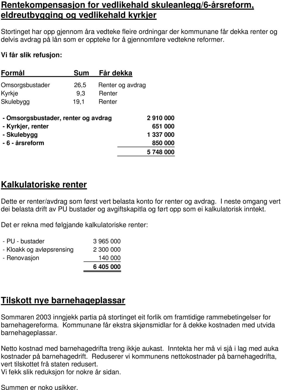 Vi får slik refusjon: Formål Sum Får dekka Omsorgsbustader 26,5 Renter og avdrag Kyrkje 9,3 Renter Skulebygg 19,1 Renter - Omsorgsbustader, renter og avdrag 2 910 000 - Kyrkjer, renter 651 000 -