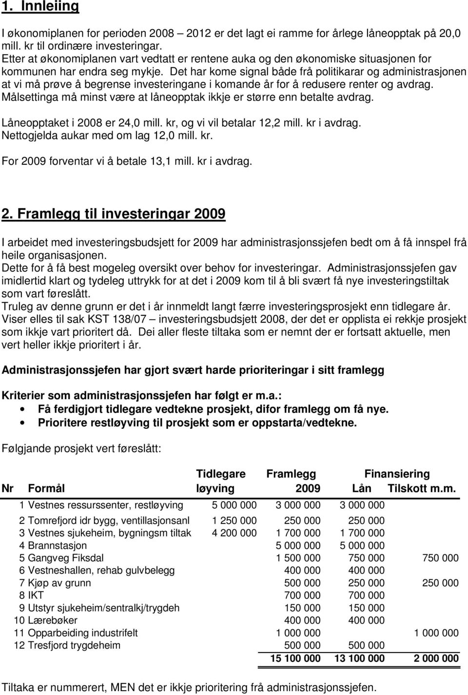 Det har kome signal både frå politikarar og administrasjonen at vi må prøve å begrense investeringane i komande år for å redusere renter og avdrag.