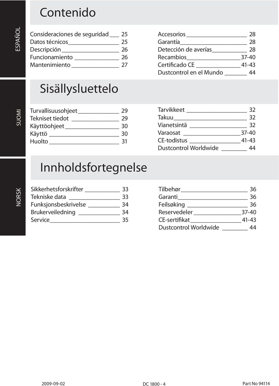 Mundo 44 Tarvikkeet 32 Takuu 32 Vianetsintä 32 Varaosat 37-40 CE-todistus 41-43 Dustcontrol Worldwide 44 NORSK Sikkerhetsforskrifter 33 Tekniske data 33