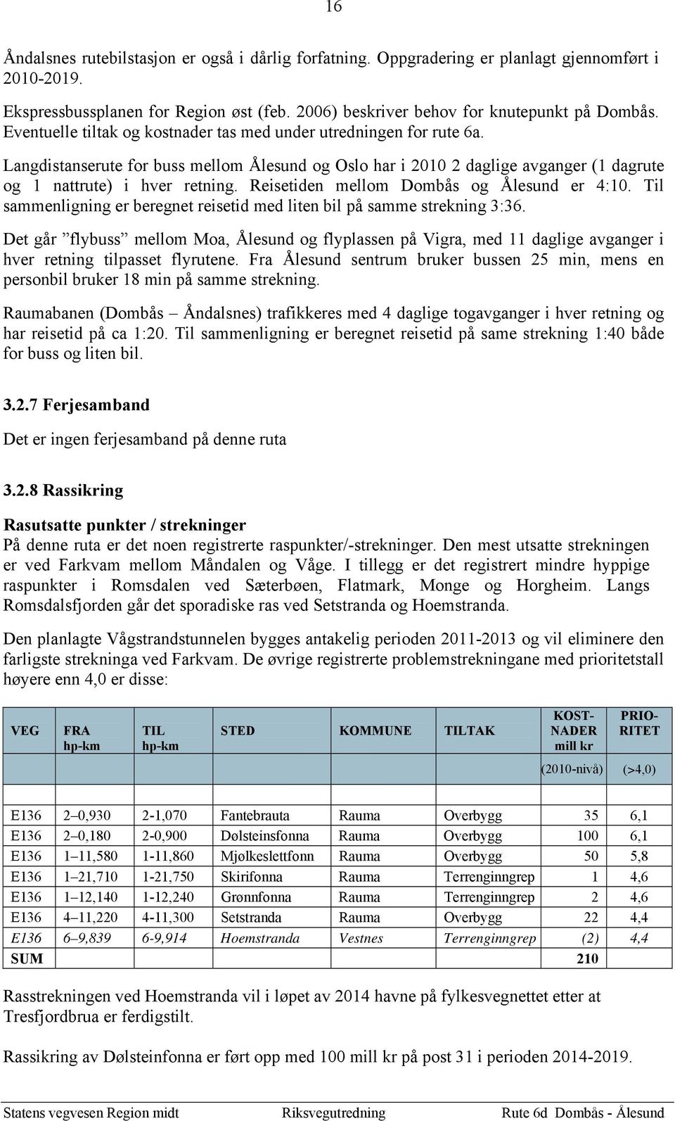 Reisetiden mellom Dombås og Ålesund er 4:10. Til sammenligning er beregnet reisetid med liten bil på samme strekning 3:36.