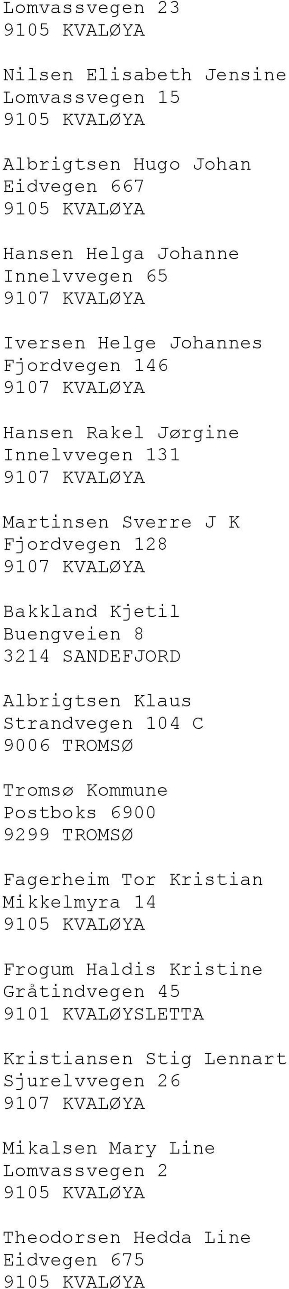 Albrigtsen Klaus Strandvegen 104 C 9006 TROMSØ Tromsø Kommune Postboks 6900 9299 TROMSØ Fagerheim Tor Kristian Mikkelmyra 14 Frogum Haldis