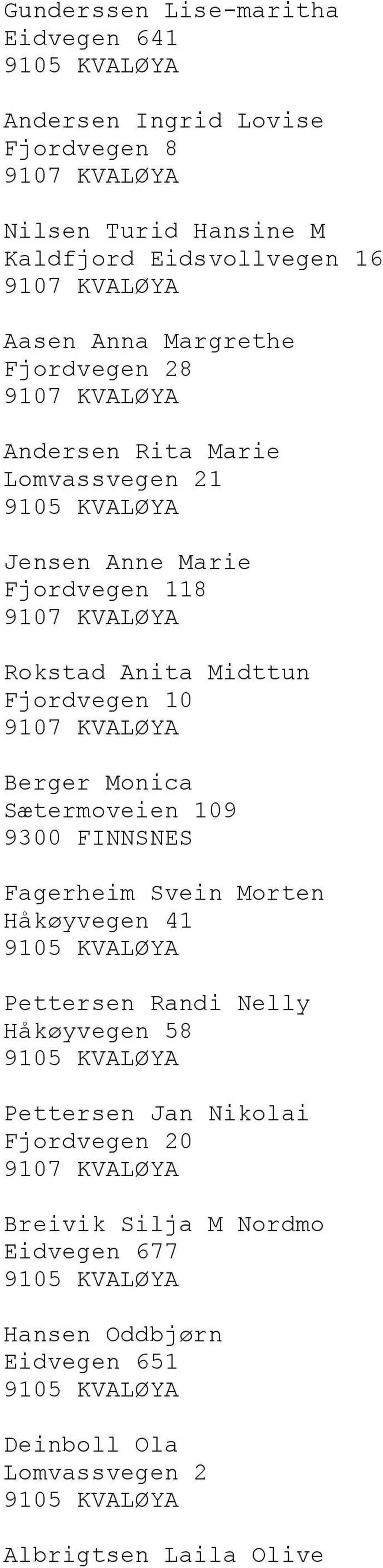 10 Berger Monica Sætermoveien 109 9300 FINNSNES Fagerheim Svein Morten Håkøyvegen 41 Pettersen Randi Nelly Håkøyvegen 58 Pettersen