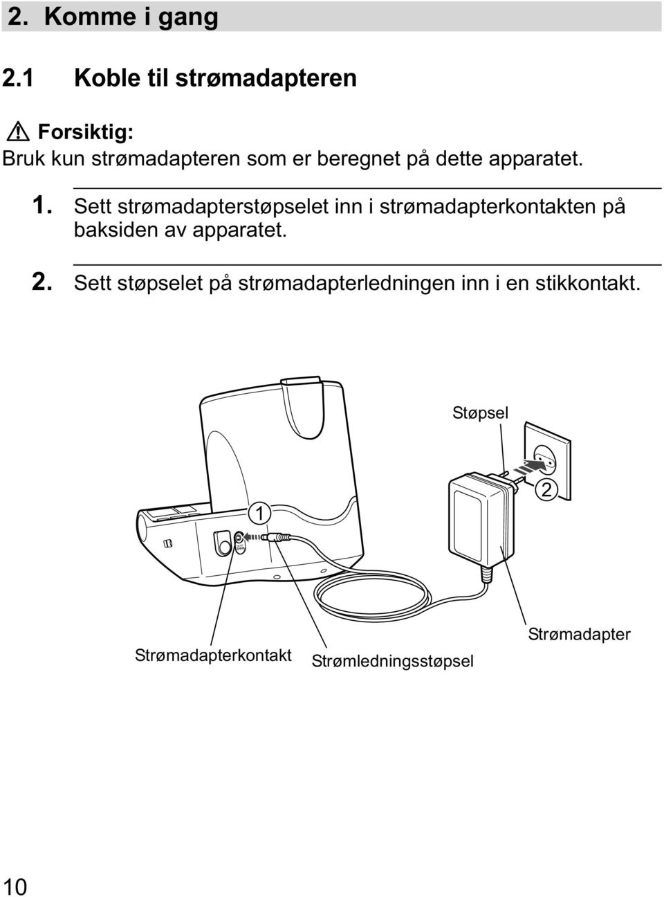 1 Koble til strømadapteren Forsiktig: Bruk kun strømadapteren som er beregnet på dette