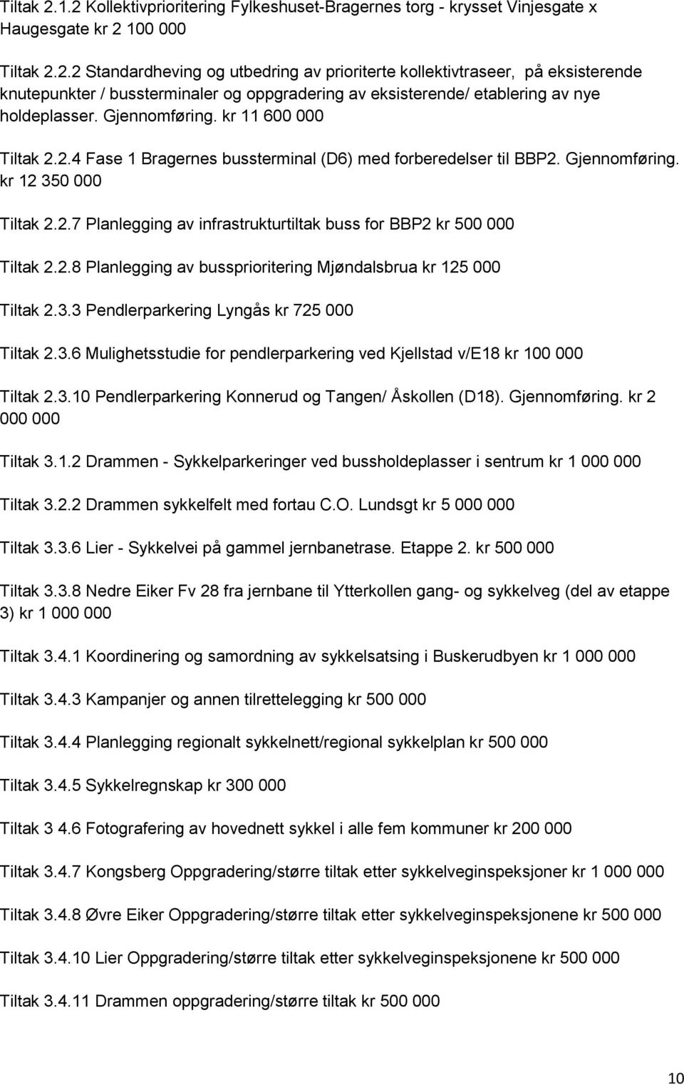 2.8 Planlegging av bussprioritering Mjøndalsbrua kr 125 000 Tiltak 2.3.3 Pendlerparkering Lyngås kr 725 000 Tiltak 2.3.6 Mulighetsstudie for pendlerparkering ved Kjellstad v/e18 kr 100 000 Tiltak 2.3.10 Pendlerparkering Konnerud og Tangen/ Åskollen (D18).