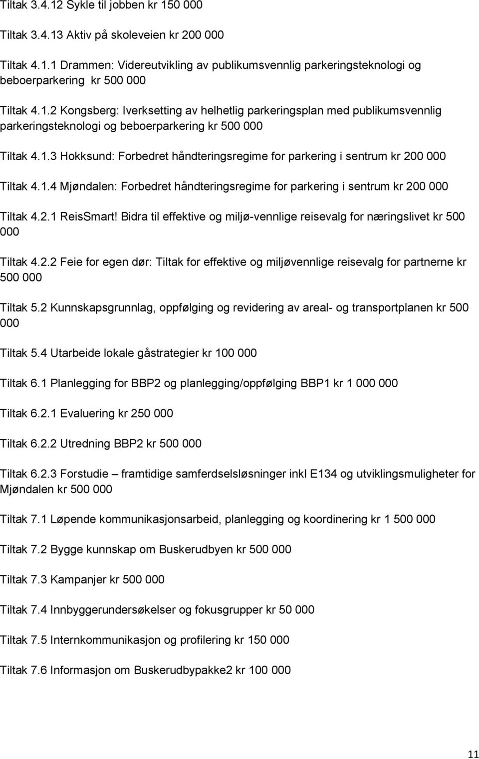 1.4 Mjøndalen: Forbedret håndteringsregime for parkering i sentrum kr 200 000 Tiltak 4.2.1 ReisSmart! Bidra til effektive og miljø-vennlige reisevalg for næringslivet kr 500 000 Tiltak 4.2.2 Feie for egen dør: Tiltak for effektive og miljøvennlige reisevalg for partnerne kr 500 000 Tiltak 5.