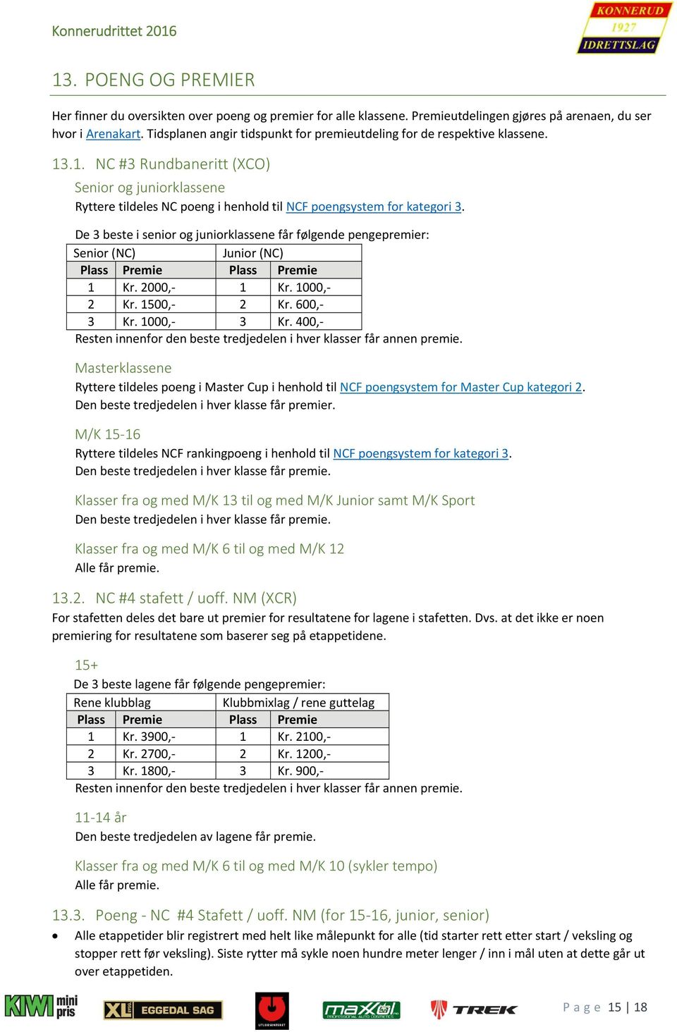 De 3 beste i senior og juniorklassene får følgende pengepremier: Senior (NC) Junior (NC) Plass Premie Plass Premie 1 Kr. 2000, 1 Kr. 1000, 2 Kr. 1500, 2 Kr. 600, 3 Kr. 1000, 3 Kr.