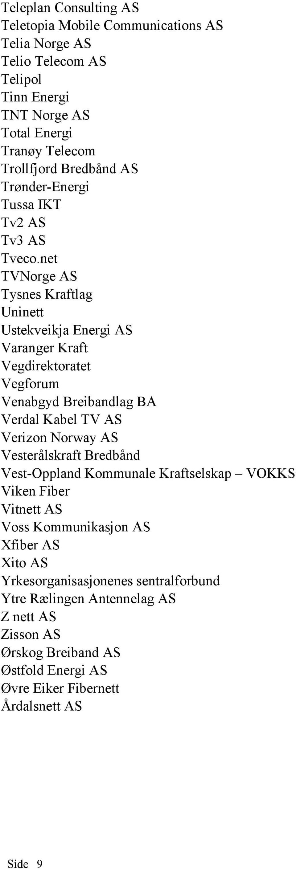 net TVNorge AS Tysnes Kraftlag Uninett Ustekveikja Energi AS Varanger Kraft Vegdirektoratet Vegforum Venabgyd Breibandlag BA Verdal Kabel TV AS Verizon Norway AS