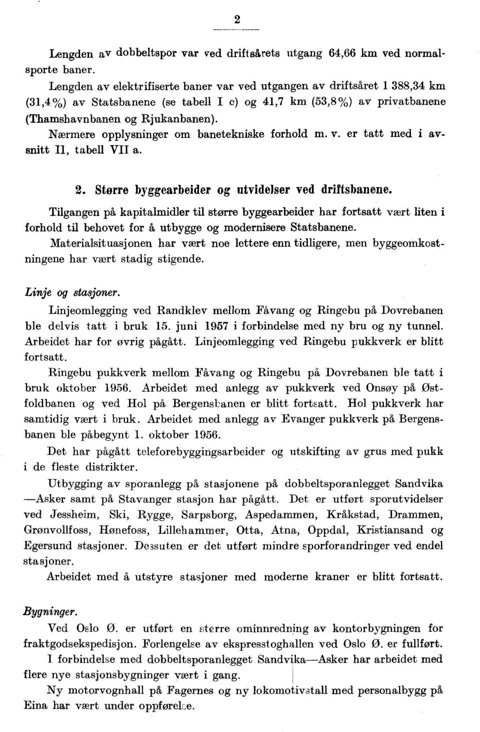 Nærmere opplysninger om banetekniske forhold m. v. er tatt med i avsnitt II, tabell VII a. 2. Storre byggearbeider og utvidelser ved driftsbanene.