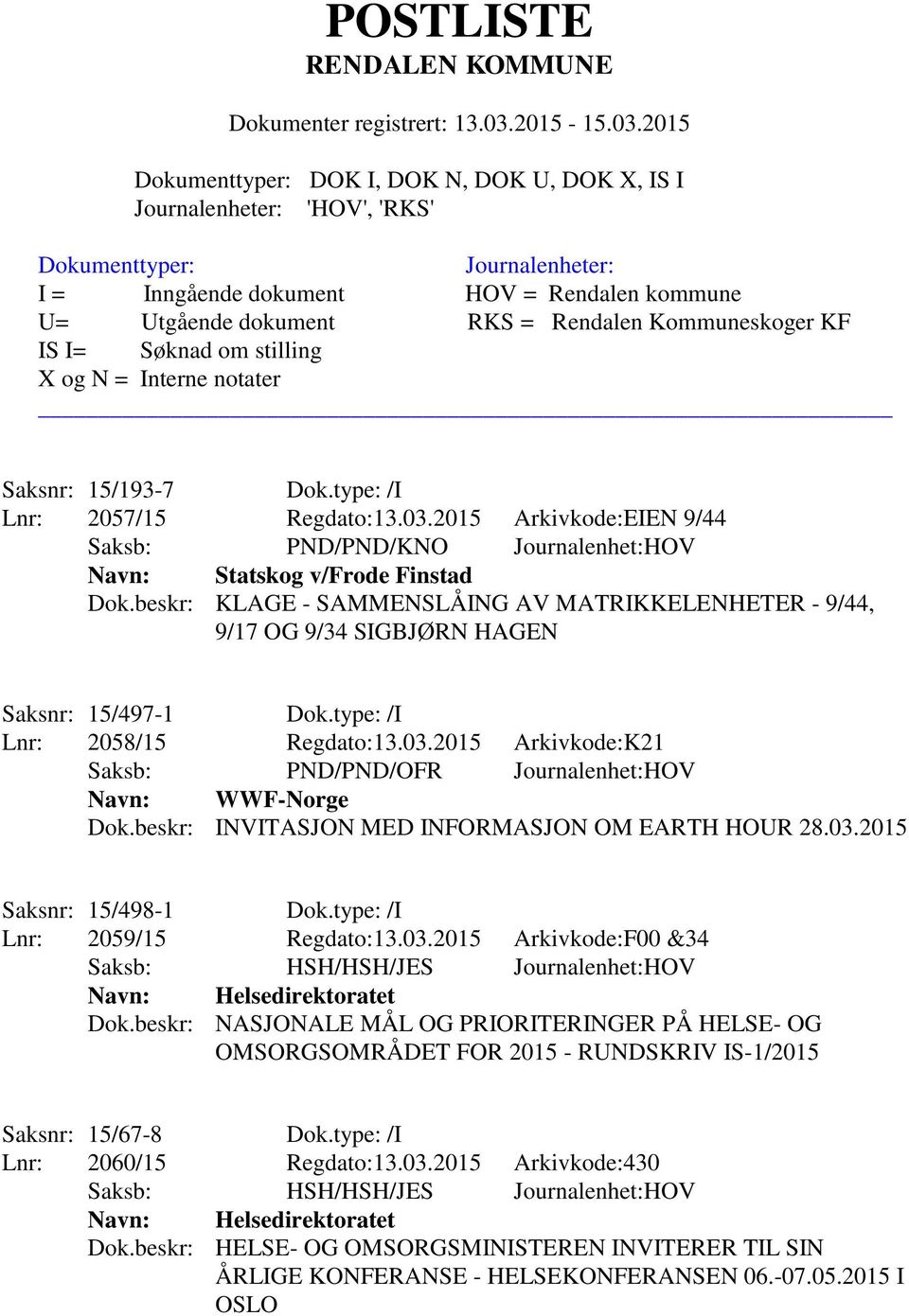 2015 Arkivkode:K21 Saksb: PND/PND/OFR Journalenhet:HOV Navn: WWF-Norge Dok.beskr: INVITASJON MED INFORMASJON OM EARTH HOUR 28.03.2015 Saksnr: 15/498-1 Dok.type: /I Lnr: 2059/15 Regdato:13.03.2015 Arkivkode:F00 &34 Navn: Helsedirektoratet Dok.