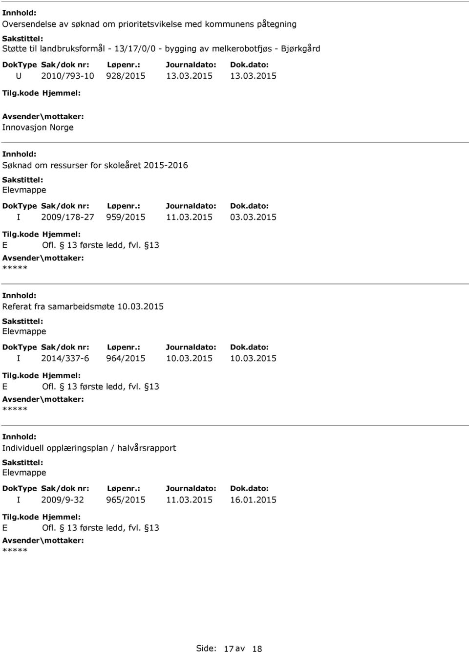 959/2015 03.03.2015 E Ofl. 13 første ledd, fvl. 13 ***** nnhold: Referat fra samarbeidsmøte Elevmappe 2014/337-6 964/2015 E Ofl.