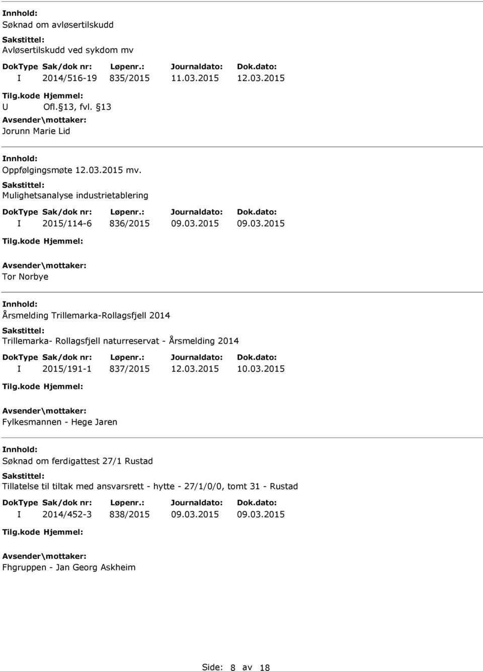 Mulighetsanalyse industrietablering 2015/114-6 836/2015 Tor Norbye nnhold: Årsmelding Trillemarka-Rollagsfjell 2014 Trillemarka-