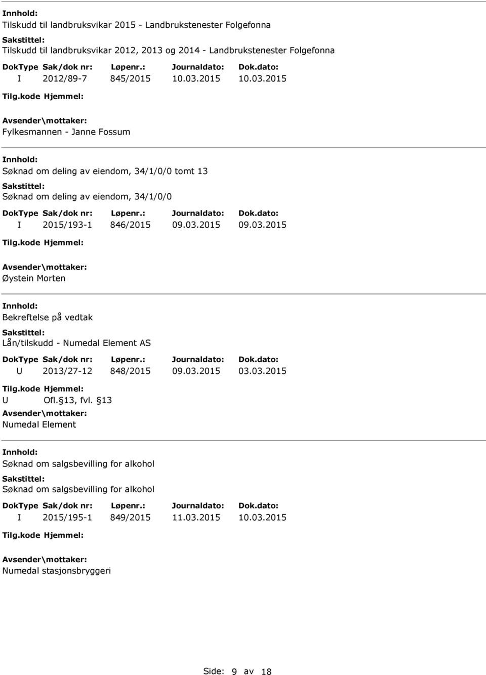 34/1/0/0 2015/193-1 846/2015 Øystein Morten nnhold: Bekreftelse på vedtak Lån/tilskudd - Numedal Element AS 2013/27-12 848/2015 03.03.2015 Ofl.