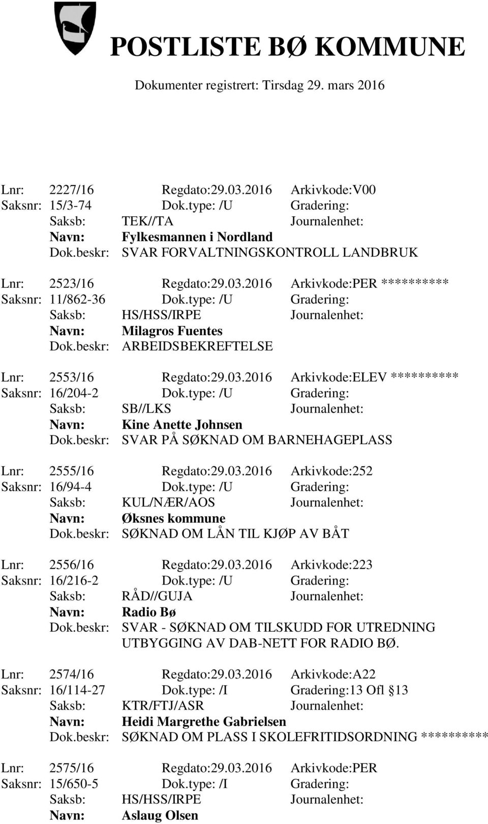beskr: ARBEIDSBEKREFTELSE Lnr: 2553/16 Regdato:29.03.2016 Arkivkode:ELEV ********** Saksnr: 16/204-2 Dok.type: /U Gradering: Navn: Kine Anette Johnsen Lnr: 2555/16 Regdato:29.03.2016 Arkivkode:252 Saksnr: 16/94-4 Dok.