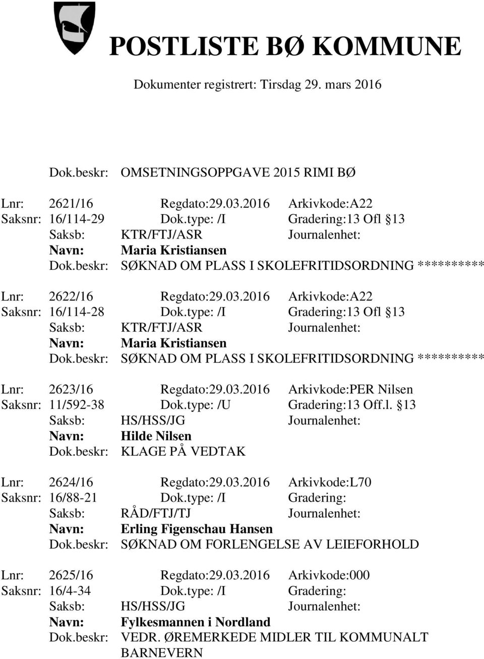 beskr: KLAGE PÅ VEDTAK Lnr: 2624/16 Regdato:29.03.2016 Arkivkode:L70 Saksnr: 16/88-21 Dok.type: /I Gradering: Saksb: RÅD/FTJ/TJ Journalenhet: Navn: Erling Figenschau Hansen Dok.