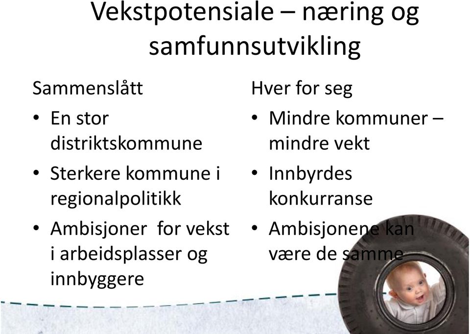 for vekst i arbeidsplasser og innbyggere Hver for seg Mindre