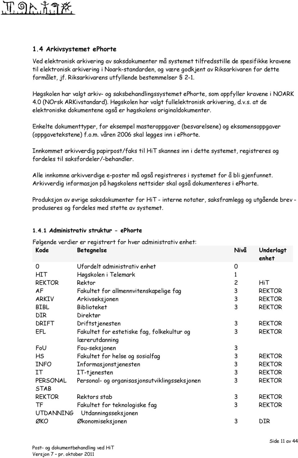 0 (NOrsk ARKivstandard). Høgskolen har valgt fullelektronisk arkivering, d.v.s. at de elektroniske dokumentene også er høgskolens originaldokumenter.