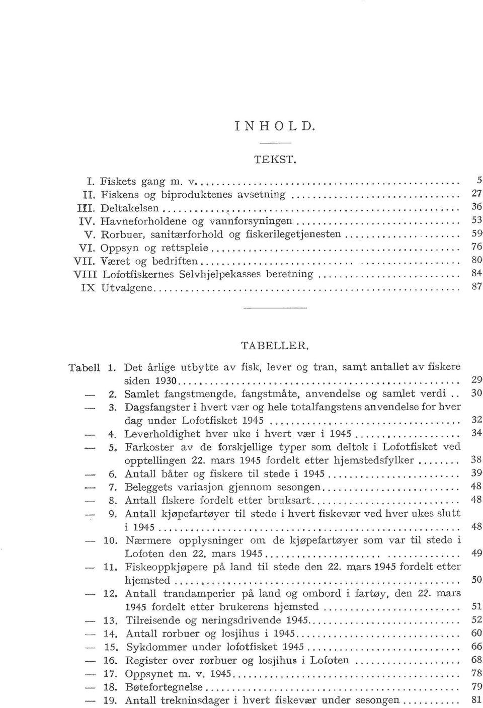 Det årlige utbytte av fisk, lever og tran, samt antallet av fislrere siden 1930... 2. Samlet fangstmengde, fangstmåte, anvendelse og samlet verdi.. 3.